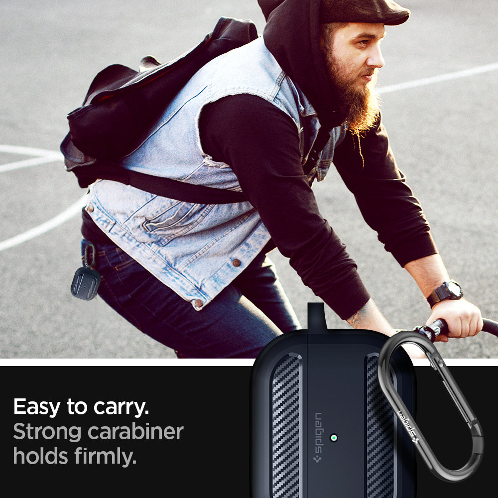 ASD01442 - AirPods Pro Rugged Armor in Charcoal Gray showing the how it is easy to carry. Strong carabiner holds firmly