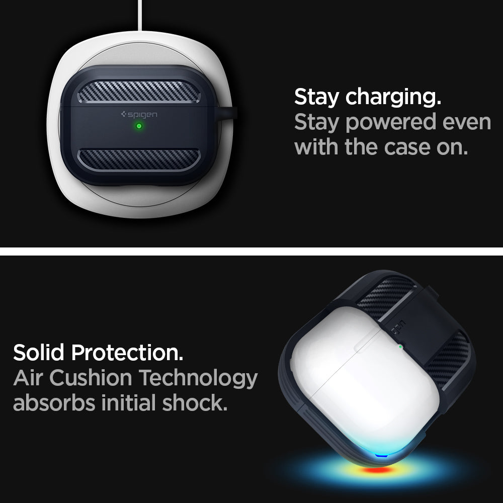 ASD01442 - AirPods Pro Rugged Armor in Charcoal Gray showing the how it stayed charging. Stay powered even with the case on. Solid Protection. Air Cushion Technology absorbs initial shock