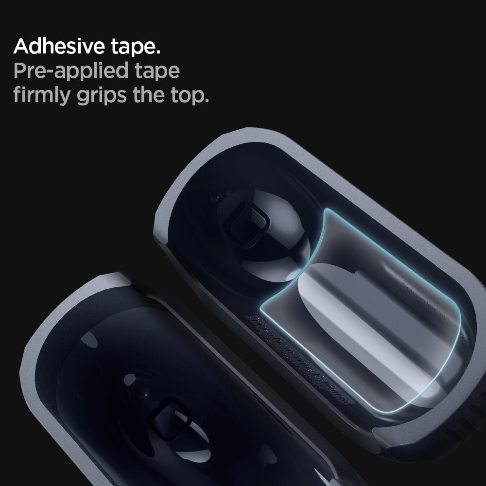 ASD01442 - AirPods Pro Rugged Armor in Charcoal Gray showing the adhesive tape. Pre-applied tape firmly grips the top