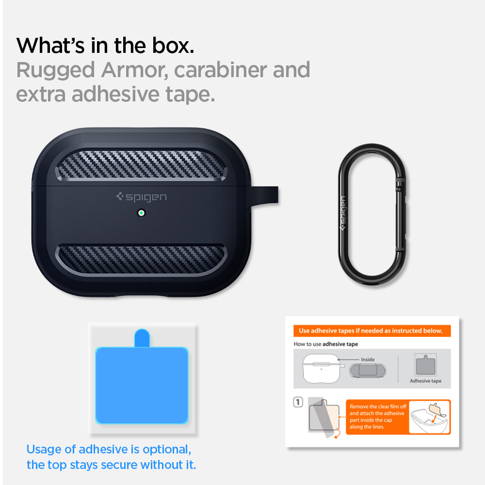 ASD01442 - AirPods Pro Rugged Armor in Charcoal Gray showing the what's in the box. Rugged Armor, carabiner and extra adhesive tape. Usage of adhesive is optional, the top stays secure without it