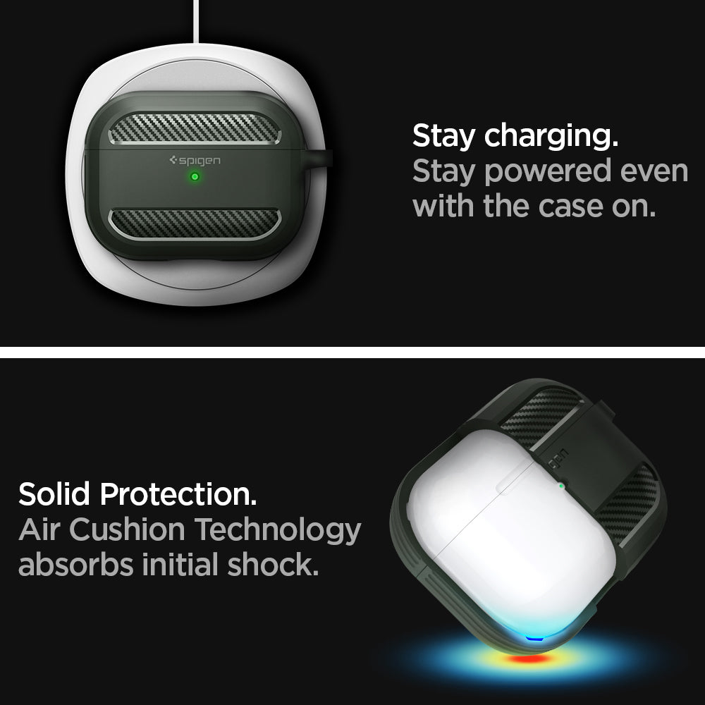 ASD01441 - Apple AirPods Pro Case Rugged Armor in military green showing how it stayed charging. Stay powered even with the case on. Solid Protection. Air Cushion Technology absorbs initial shock