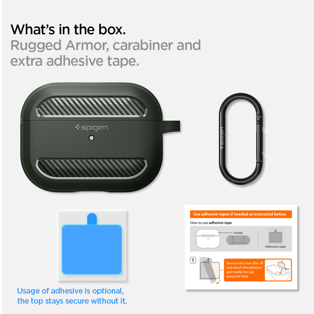 ASD01441 - Apple AirPods Pro Case Rugged Armor in military green showing what's in the box. Rugged Armor, carabiner and extra adhesive tape. Usage of adhesive is optional, the top stays secure without it