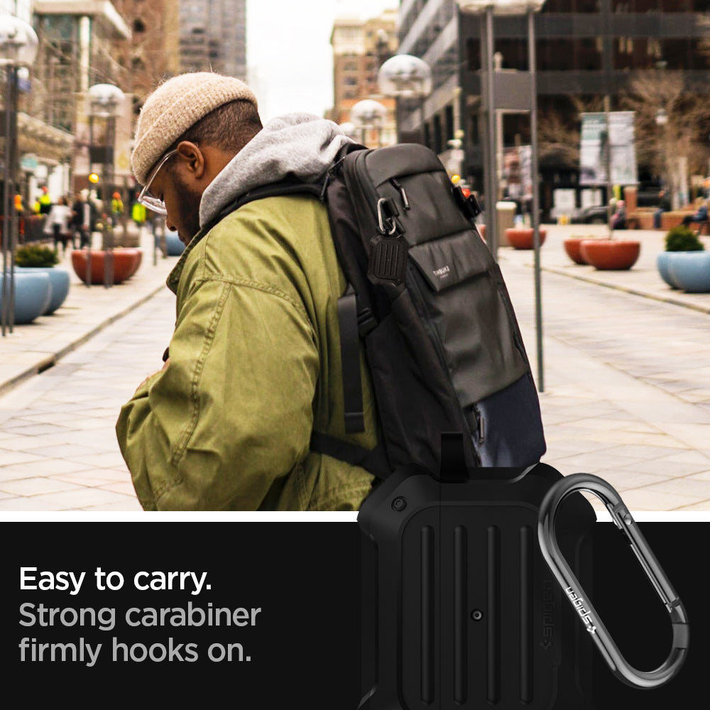 ASD00537 - Apple AirPods Pro Case Tough Armor in black showing how it is easy to carry. Strong carabiner firmly hooks on