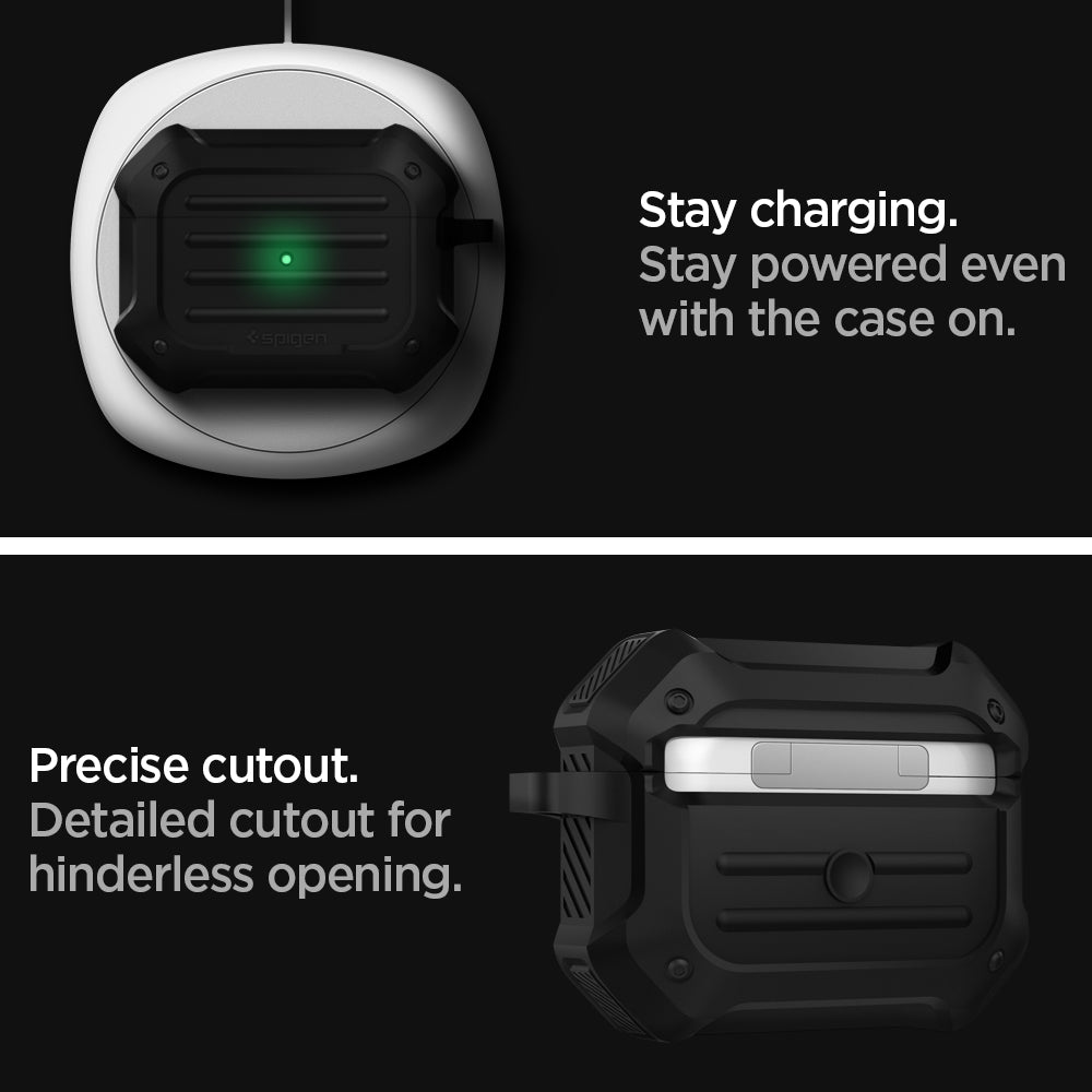 ASD00537 - Apple AirPods Pro Case Tough Armor in black showing the precise cut. Detailed cutout for hinderless opening