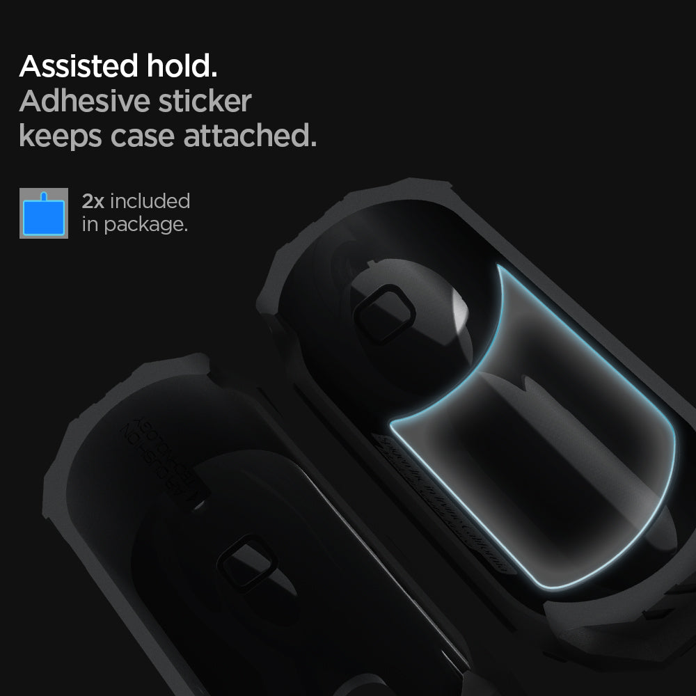 ASD00537 - Apple AirPods Pro Case Tough Armor in black showing the adhesive sticker keeps case attached with 2x included in package