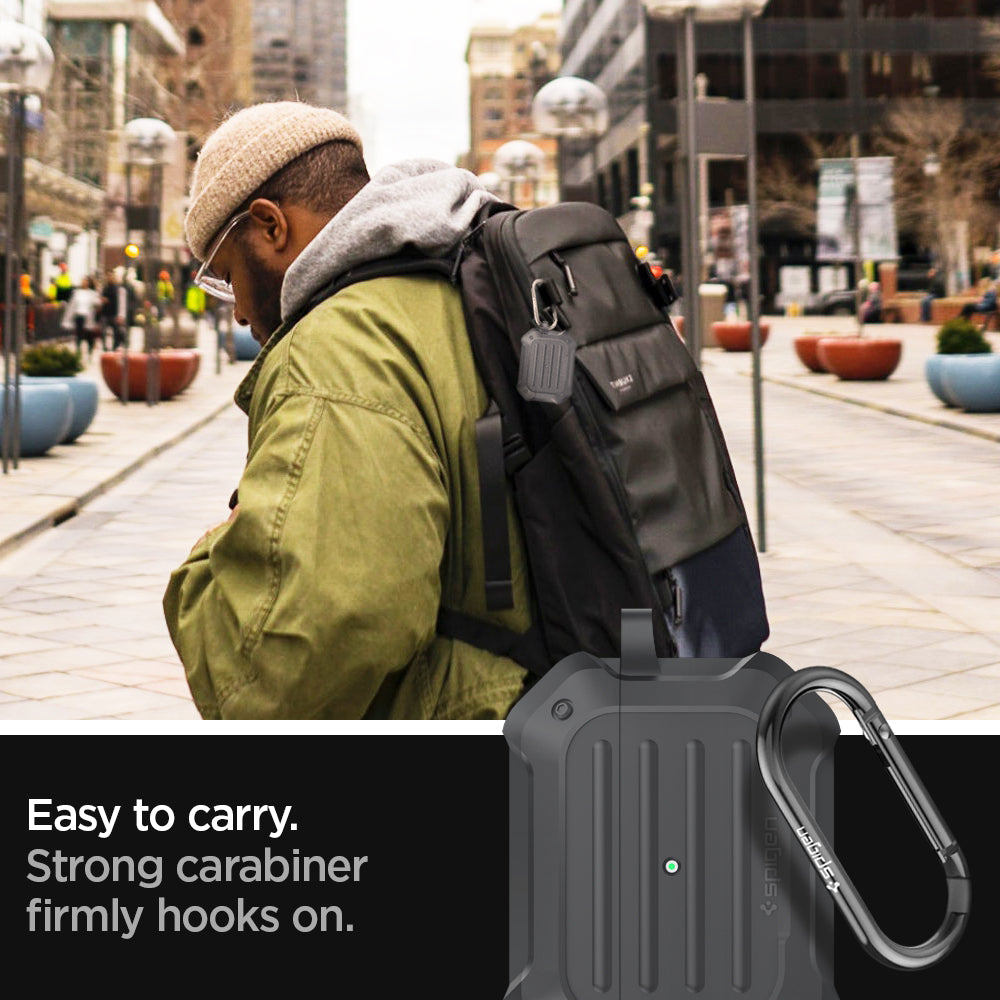 ASD00538 - Apple AirPods Pro Case Tough Armor in charcoal showing how it is easy to carry. Strong carabiner firmly hooks on