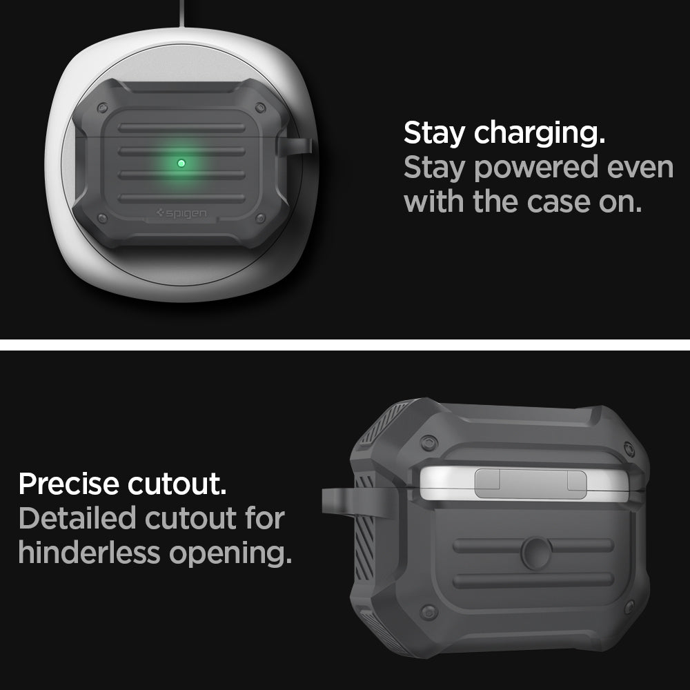 ASD00538 - Apple AirPods Pro Case Tough Armor in charcoal showing the precise cutout. Detailed cutout for hinderless opening. Stay powered even with the case on