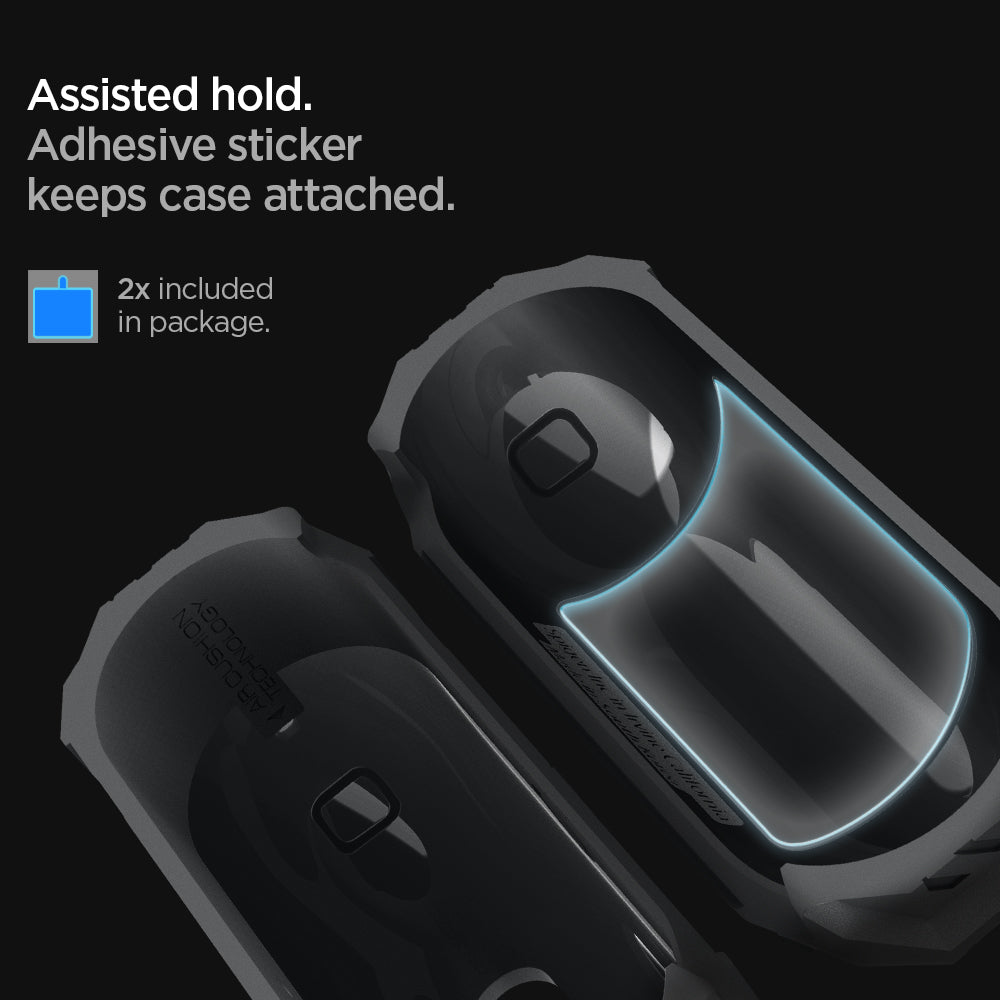 ASD00538 - Apple AirPods Pro Case Tough Armor in charcoal showing the adhesive sticker keeps case attached with 2x included in package