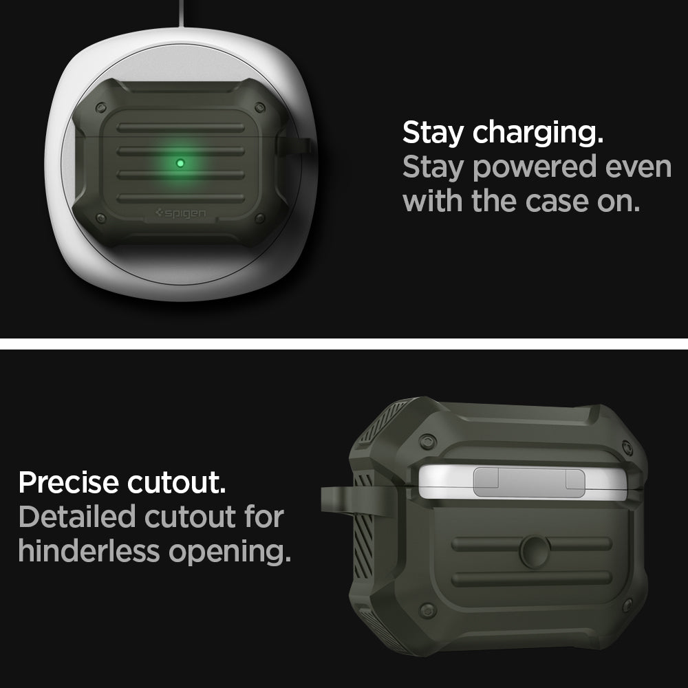 ASD00539 - Apple AirPods Pro Case Tough Armor in military green showing the precise cutout. Detailed cutout for hinderless opening. Stay powered even with the case on