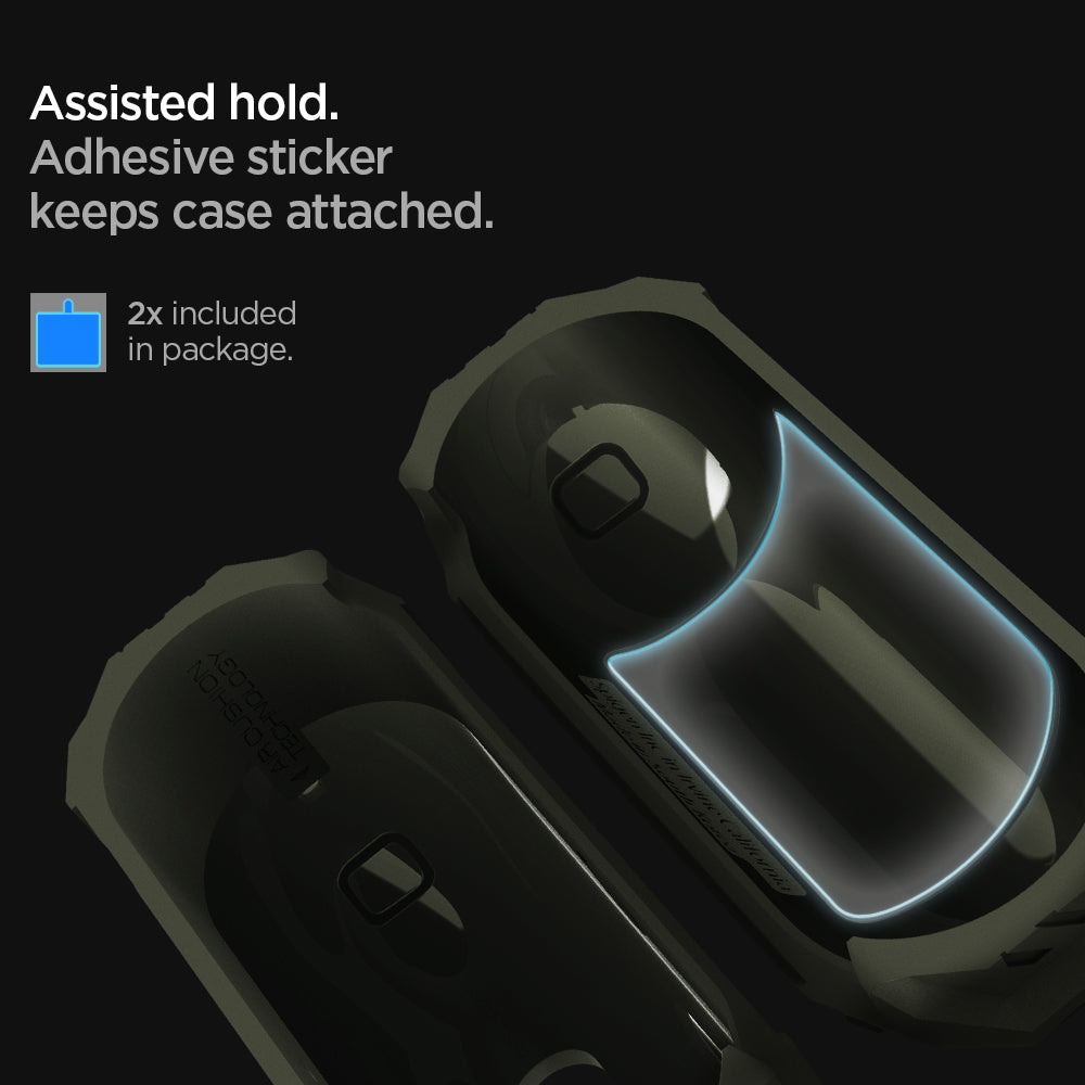 ASD00539 - Apple AirPods Pro Case Tough Armor in military green showing the adhesive sticker keeps case attached with 2x included in package