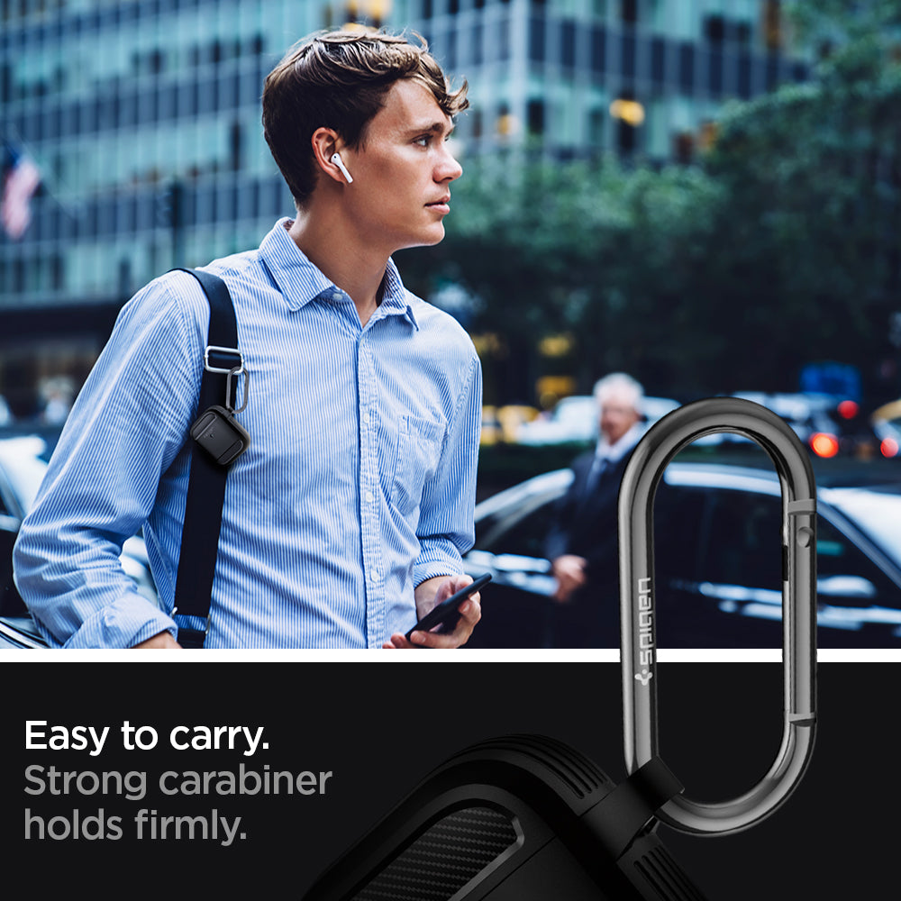 ASD01117 - Apple AirPods 1 / 2 Case Rugged Armor in matte black showing the easy to carry. Strong carabiner holds firmly