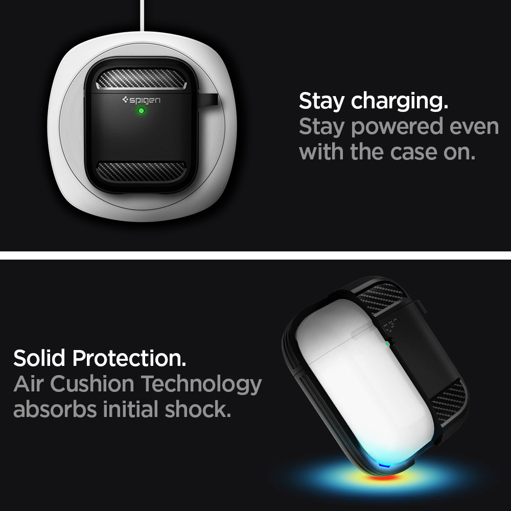 ASD01117 - Apple AirPods 1 / 2 Case Rugged Armor in matte black showing how it stay charging. Stay powered even with the case on. Solid Protection, Air Cushion Technology absorbs initial shock