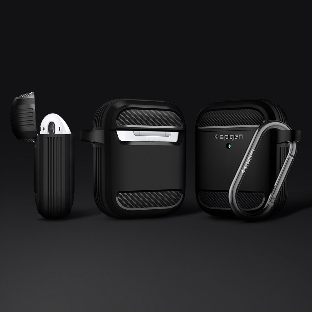 ASD01117 - Apple AirPods 1 / 2 Case Rugged Armor in matte black showing the front, back and side