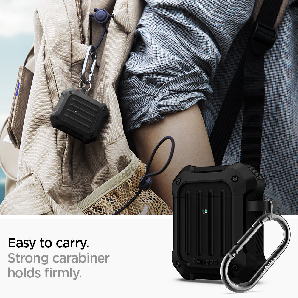 074CS26497 - Apple AirPods 1 / 2 Case Tough Armor in black showing the easy to carry. Strong carabiner holds firmly