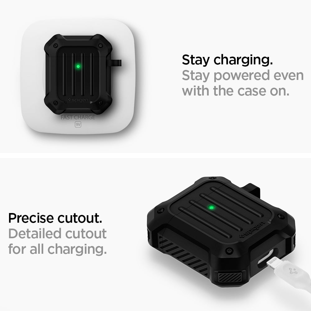 074CS26497 - Apple AirPods 1 / 2 Case Tough Armor in black showing the precise cutout. Detailed cutout for all charging. Stay powered even with the case on