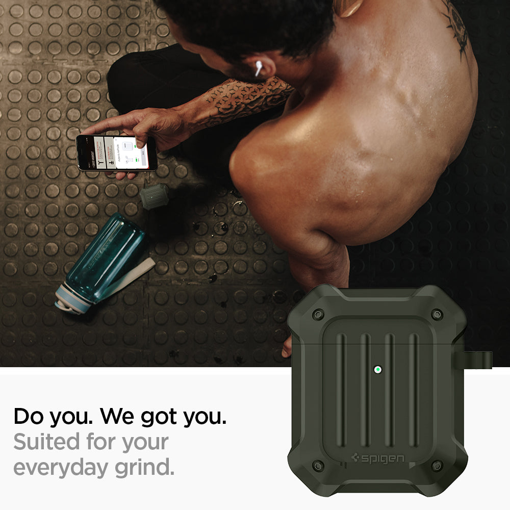 074CS26499 - Apple AirPods 1 / 2 Case Tough Armor in military green showing how it is suited for your everyday grind