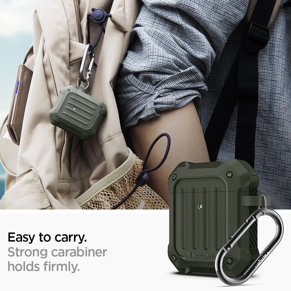 074CS26499 - Apple AirPods 1 / 2 Case Tough Armor in military green showing the easy to carry. Strong carabiner holds firmly.