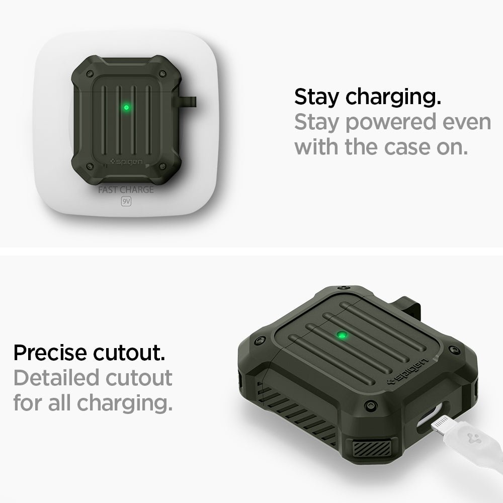 074CS26499 - Apple AirPods 1 / 2 Case Tough Armor in military green showing the precise cutout. Detailed cutout for all charging. Stay powered even with the case on