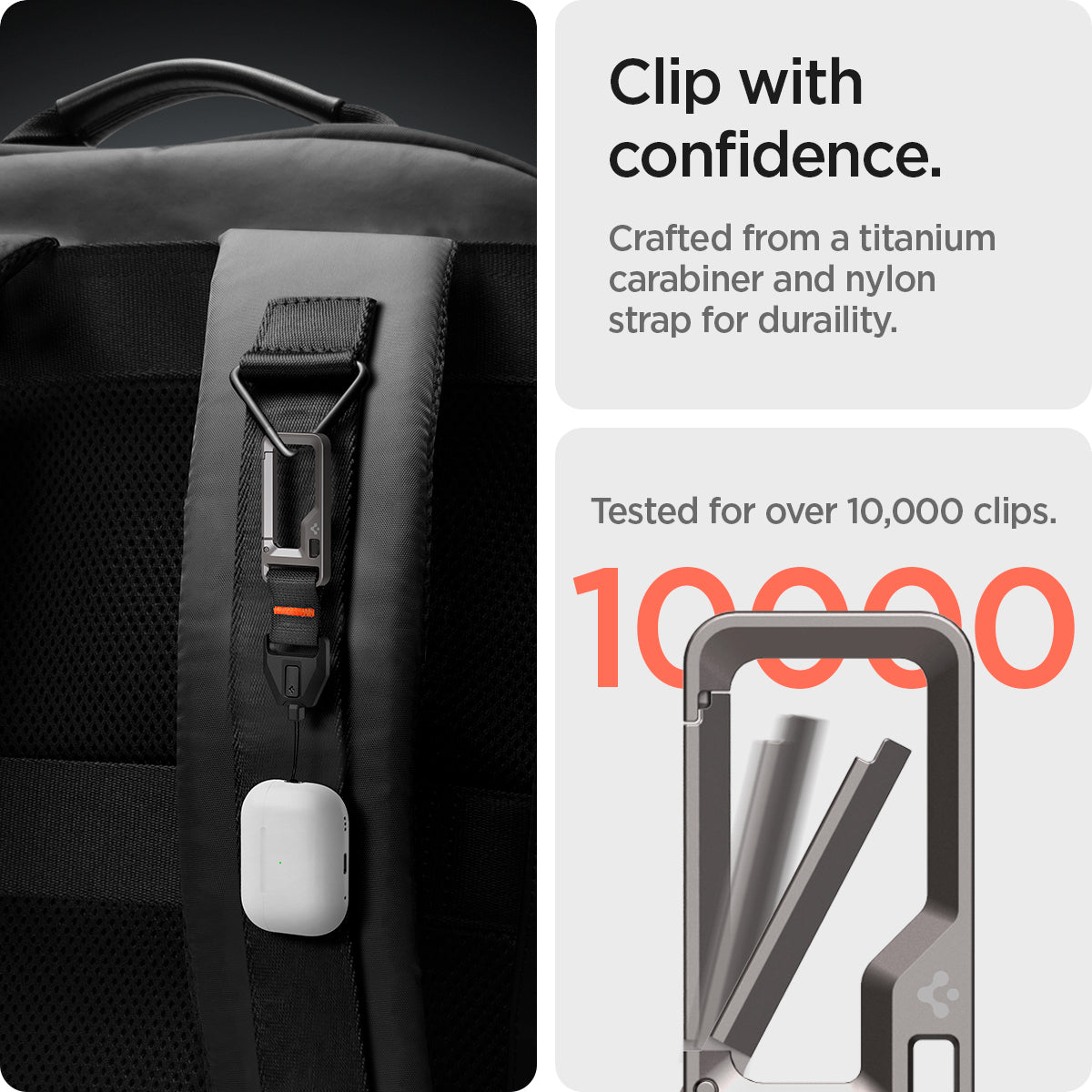 ASD05861 - AirPods Pro 2 Lanyard Carabiner in black showing the clip with confidence, crafted from a titanium carabiner and nylon strap for durability, tested for over 10,000 clips