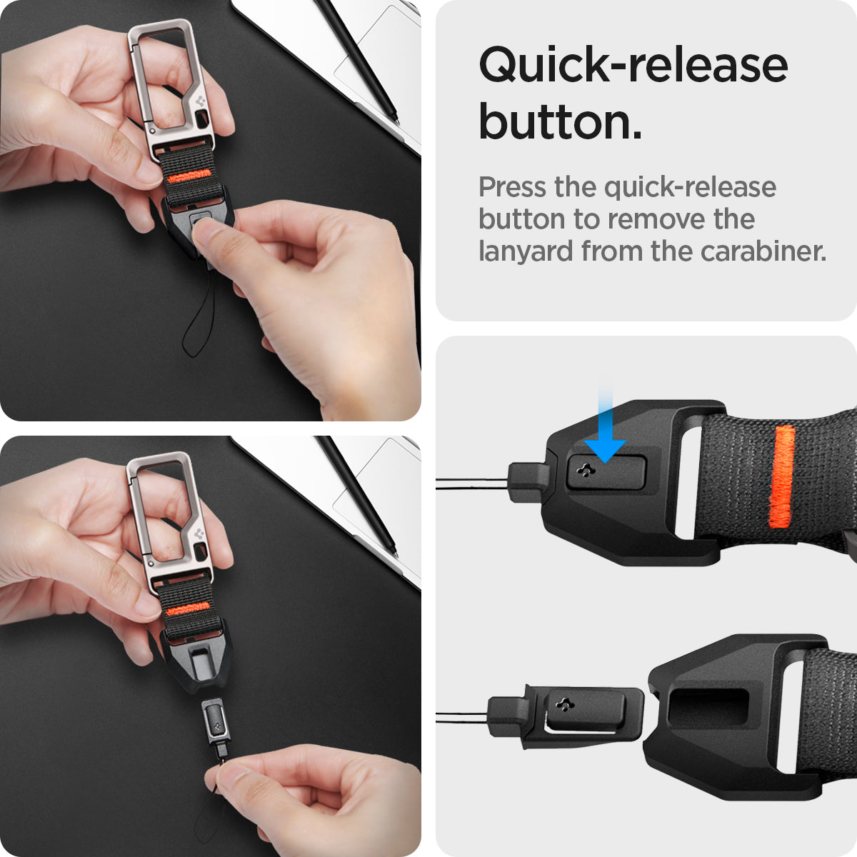 ASD05861 - AirPods Pro 2 Lanyard Carabiner in black showing the quick-release button, press the quick-release button to remove the lanyard from the carabiner