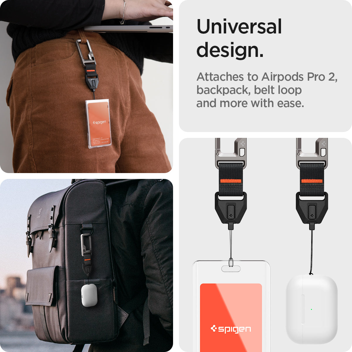 ASD05861 - AirPods Pro 2 Lanyard Carabiner in black showing the universal design, attaches to airpods pro 2, backpack belt loop and more with ease