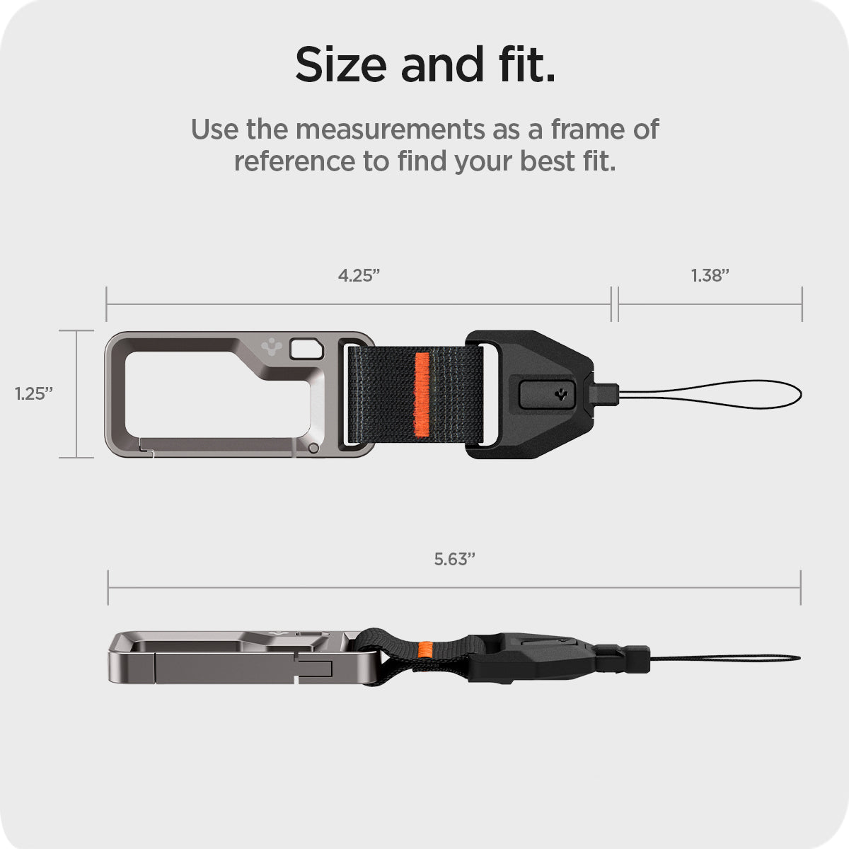 ASD05861 - AirPods Pro 2 Lanyard Carabiner in black showing the size and fit, use the measurements as a frame of reference to find your best fit, size: L(4.25") x W(1.25") strap (1.38") over all size: 5.63"