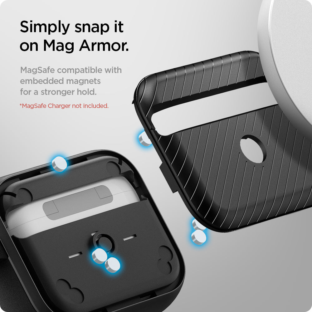 ACS03644 - Airpods 3 Mag Armor in black showing how to simply snap it on Mag Armor. MagSafe compatible with embedded magnets for a stronger hold