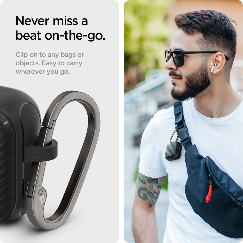 ACS03644 - Airpods 3 Mag Armor in black showing the clip on to any bags or objects. Easy to carry wherever you go