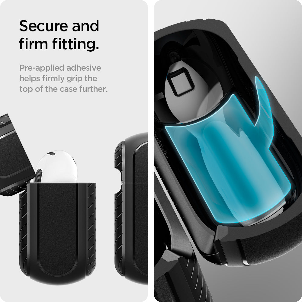 ACS03644 - Airpods 3 Mag Armor in black showing the secure and firm fitting. Pre-applied adhesive helps firmly grip the top of the case further