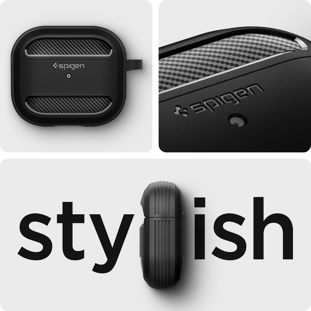 ASD01978 - Apple AirPods 3 Case Rugged Armor in black showing the stylish front zoomed in and side