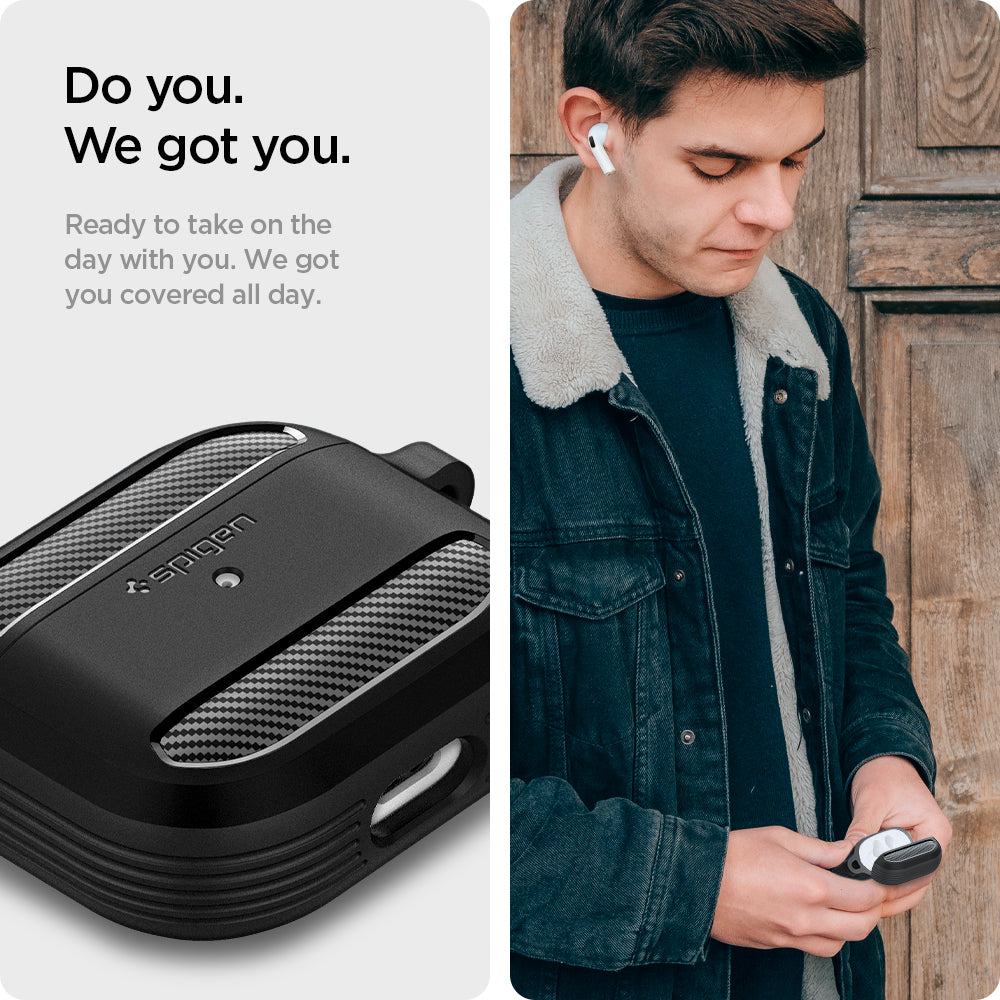 ASD01978 - Apple AirPods 3 Case Rugged Armor in black showing how it is ready to take on the day with you.   Got you covered all day