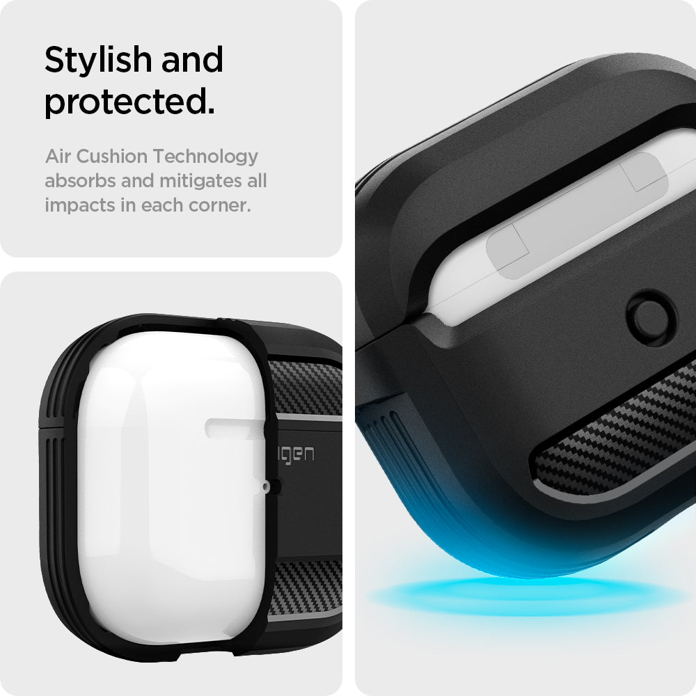 ASD01978 - Apple AirPods 3 Case Rugged Armor in black showing the stylish and protected. Air Cushion Technology absorbs and mitigates all impacts in each corner