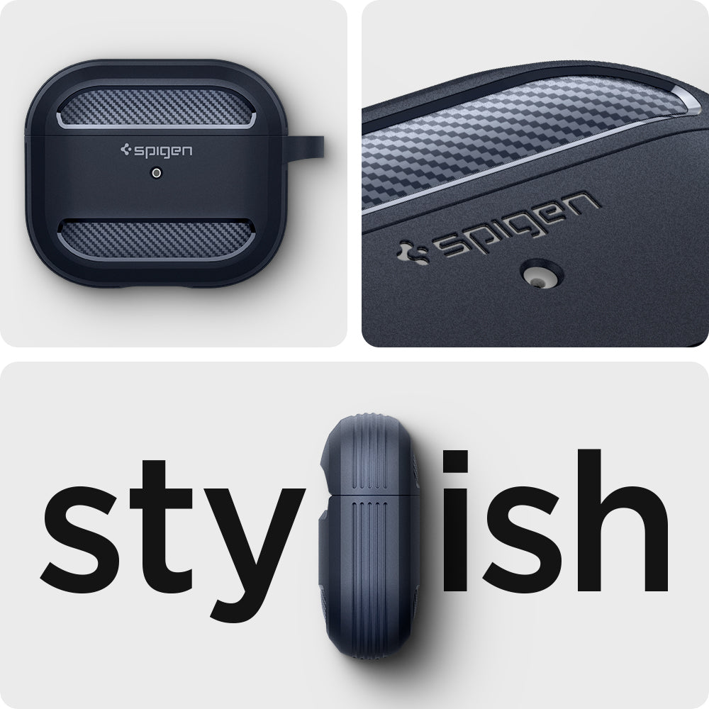 ASD01980 - Apple AirPods 3 Case Rugged Armor in charcoal gray showing the stylish front zoomed in and side