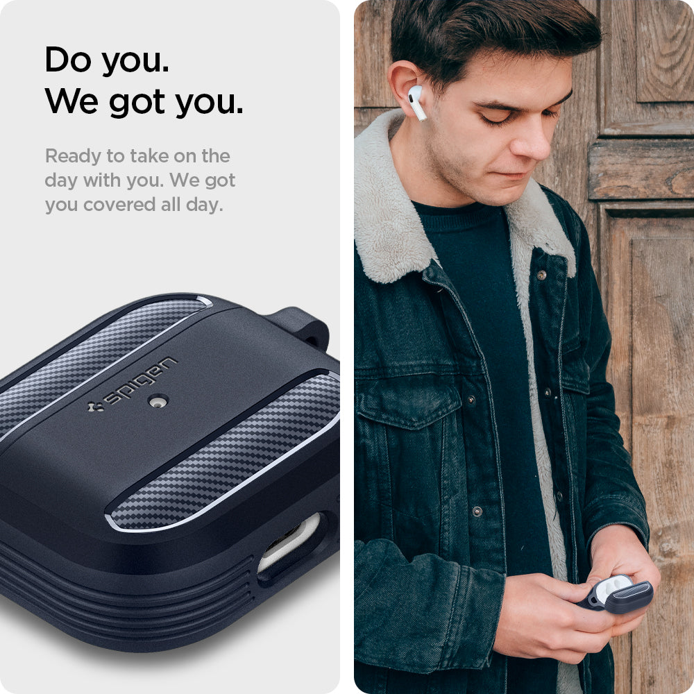 ASD01980 - Apple AirPods 3 Case Rugged Armor in charcoal gray showing how it is ready to take on the day with you. Got you covered all day