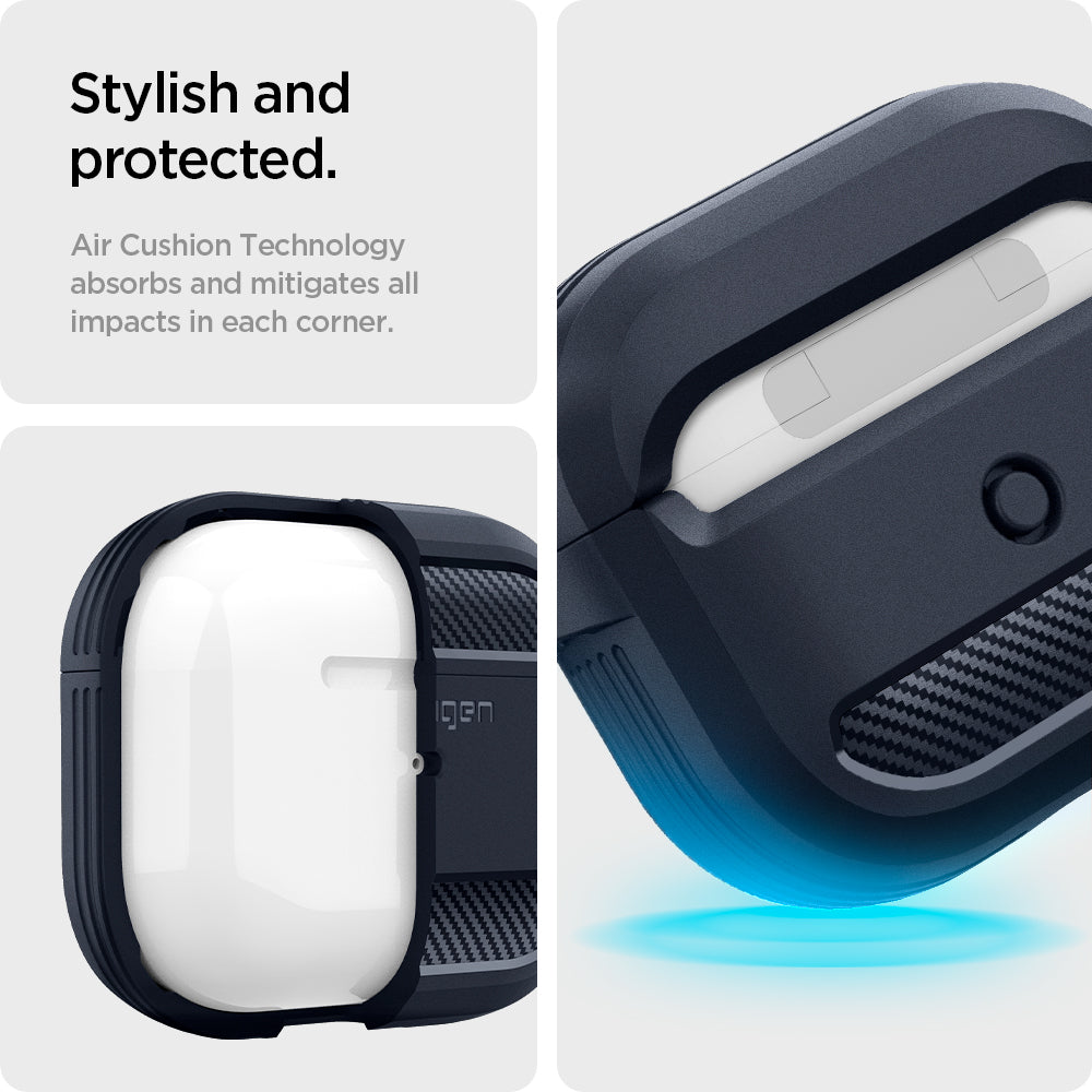 ASD01980 - Apple AirPods 3 Case Rugged Armor in charcoal gray showing the stylish and protected. Air Cushion Technology absorbs and mitigates all impacts in each corner