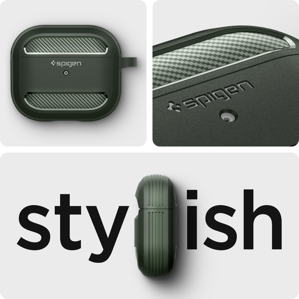 ASD01979 - Apple AirPods 3 Case Rugged Armor in military green showing the stylish front zoomed in and side