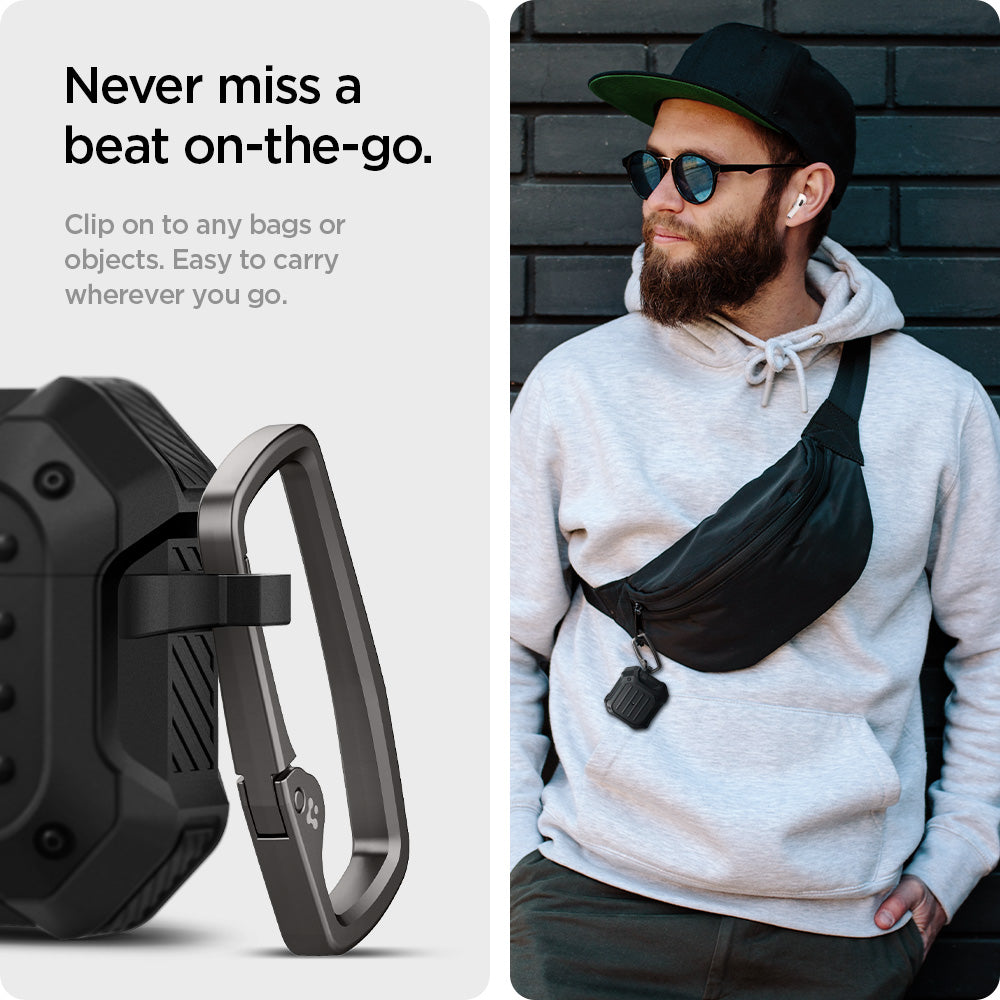 ASD01987 - Apple AirPods 3 Case Tough Armor in black showing the never miss a beat on-the-go. Clip on to any bags or a objects. Easy to carry wherever you go