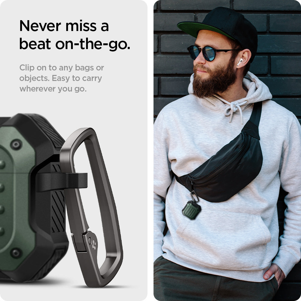 ASD01988 - Apple AirPods 3 Case Tough Armor in military green showing the never miss a beat on-the-go. Clip on to any bags or a objects. Easy to carry wherever you go