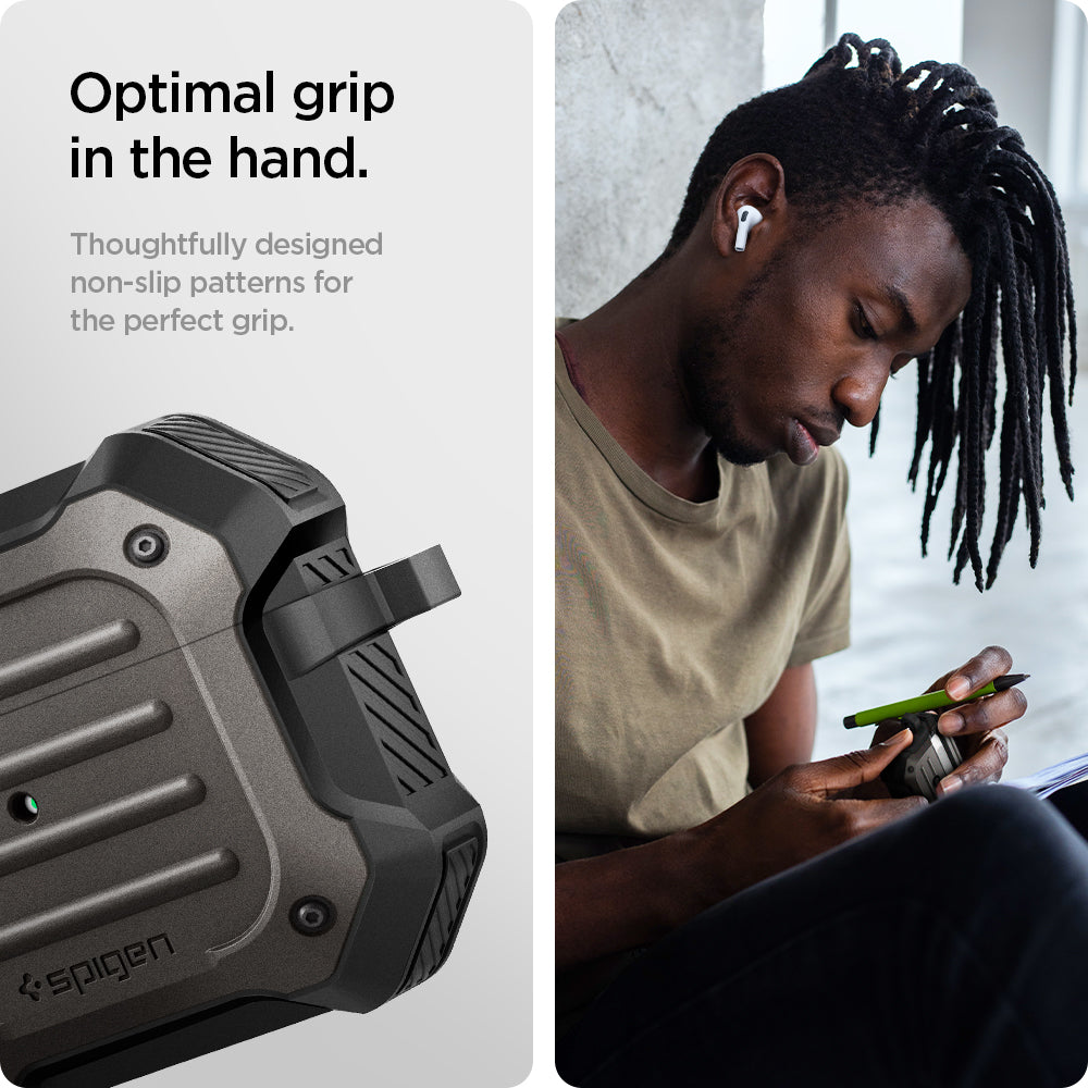 ASD01989 - Apple AirPods 3 Case Tough Armor in gunmetal showing the optimal grip in the hand. Thoughtfully designed non-slip patterns for the perfect grip