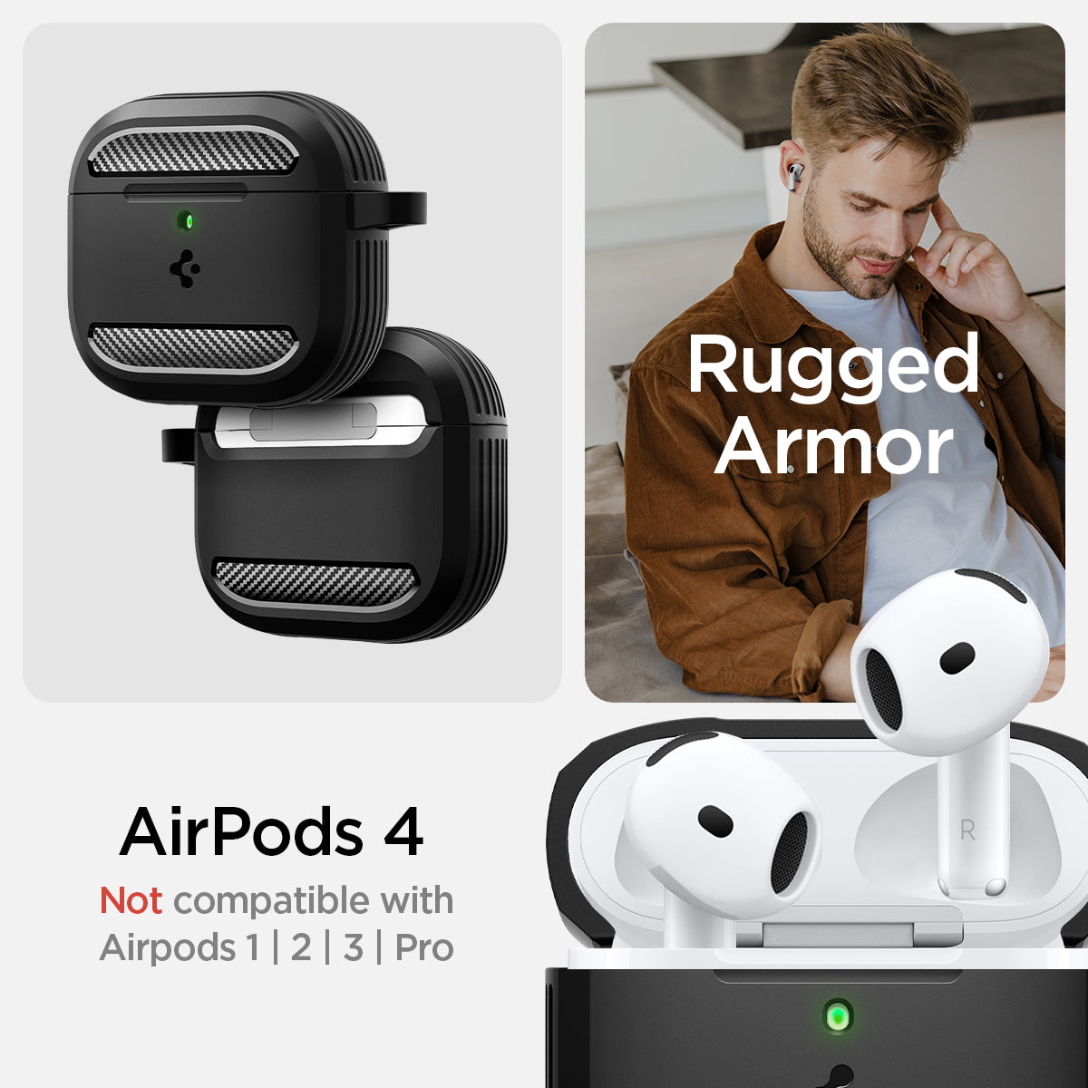 ACS08642 - AirPods 4 Pro Case Rugged Armor in Matte Black showing the AirPods 4 Not compatible with AirPods 1 | 2 | 3 | Pro