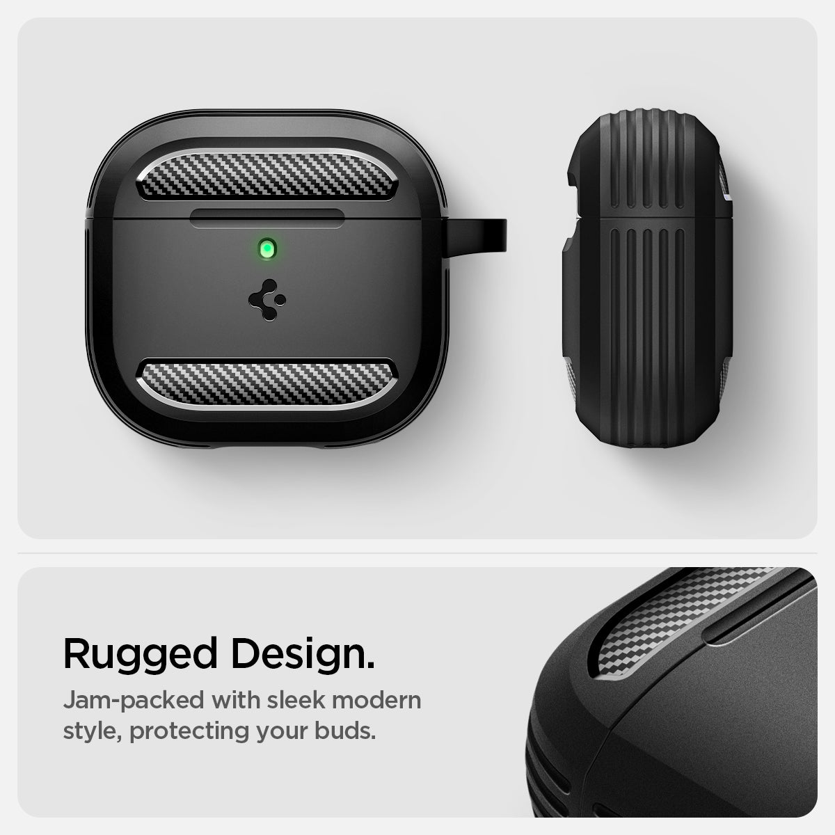 ACS08642 - AirPods 4 Pro Case Rugged Armor in Matte Black showing the rugged design. Jam-packed with sleek modern style, protecting your buds