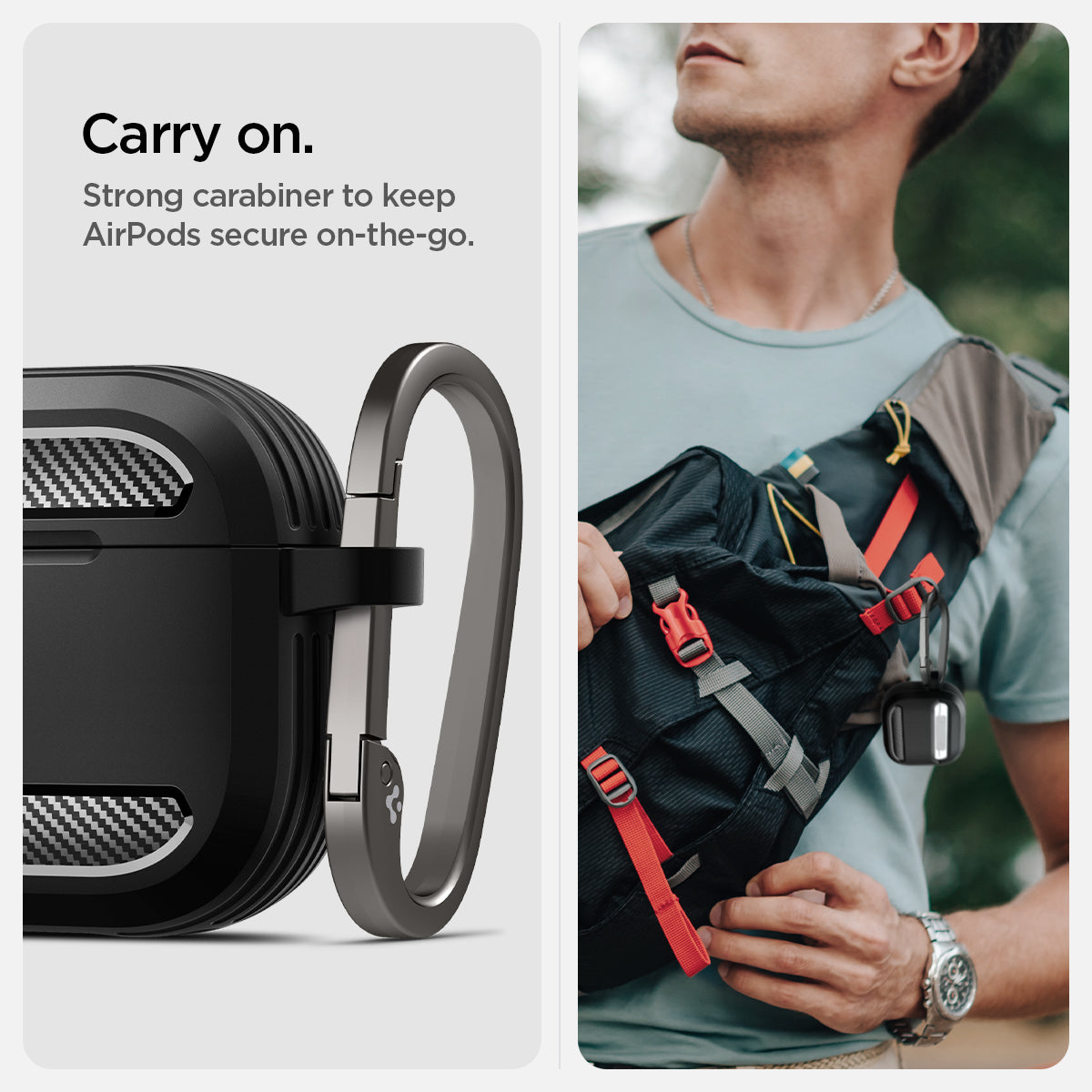 ACS08642 - AirPods 4 Pro Case Rugged Armor in Matte Black showing the strong carabiner to keep AirPods secure on-the-go