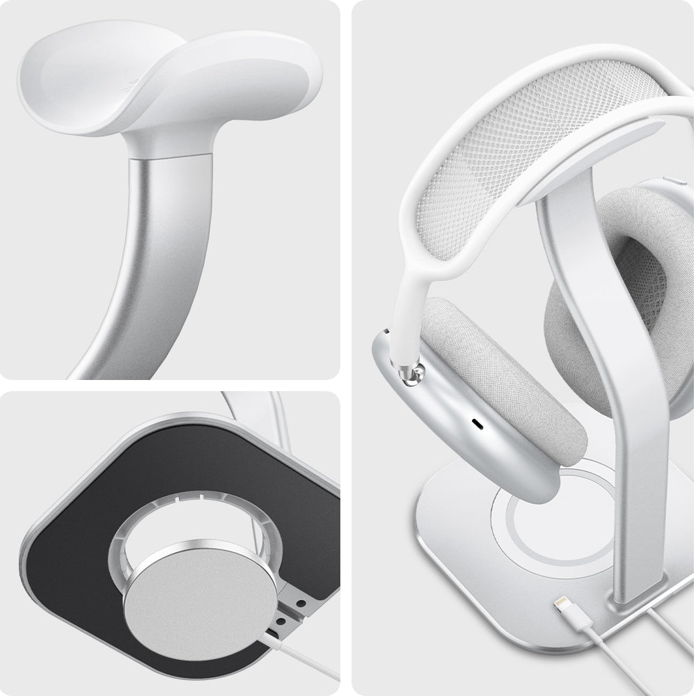 AMP02817 - Apple Airpods Max MagFit Stand in silver showing the different angle, top, side and bottom