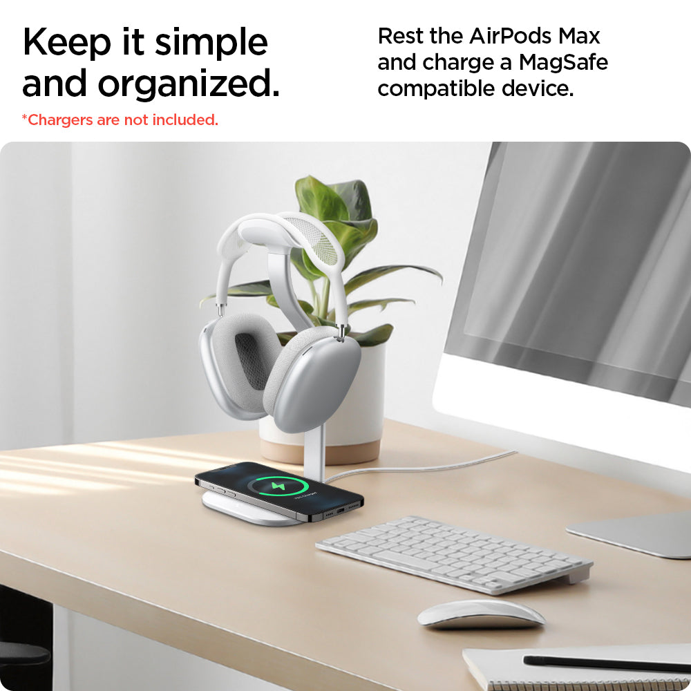 AMP02817 - Apple Airpods Max MagFit Stand in silver showing the how simple and organize, rest the airpods max and charge a magsafe compatible device