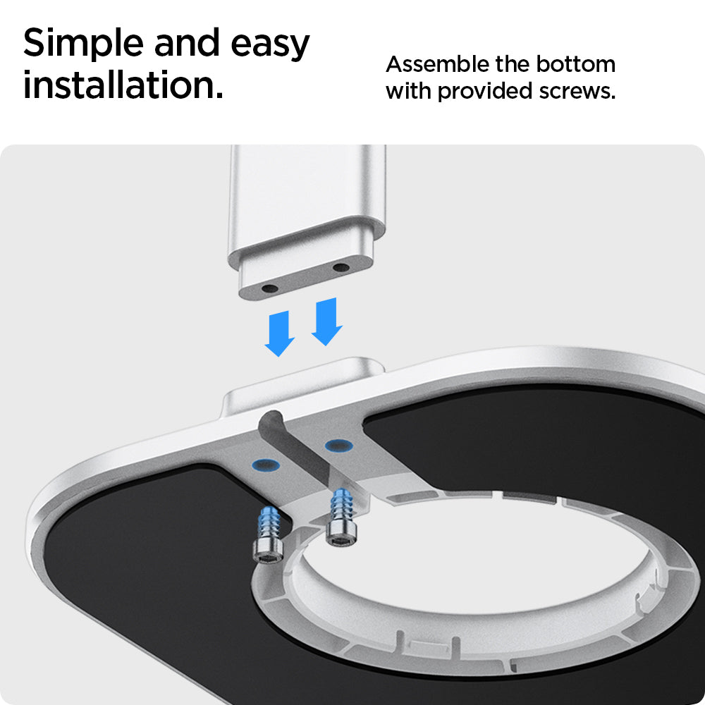 AMP02817 - Apple Airpods Max MagFit Stand in silver showing the simple and easy installation, assemble the bottom with provided screws