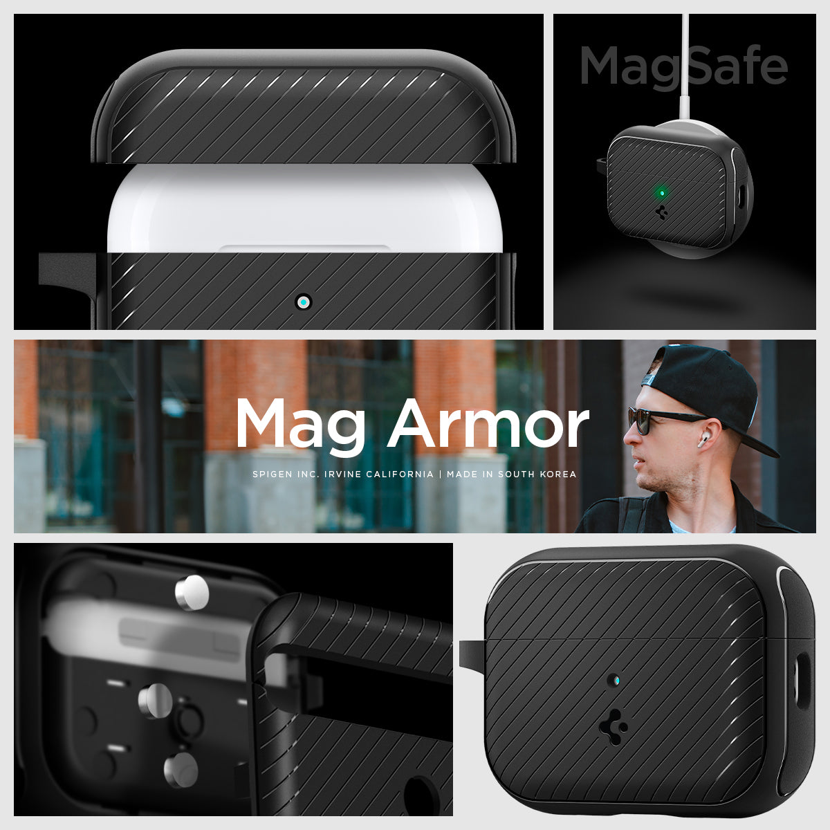 ACS05484 - Apple AirPods Pro 2 Case Mag Armor (MagFit) in matte black showing the different angles