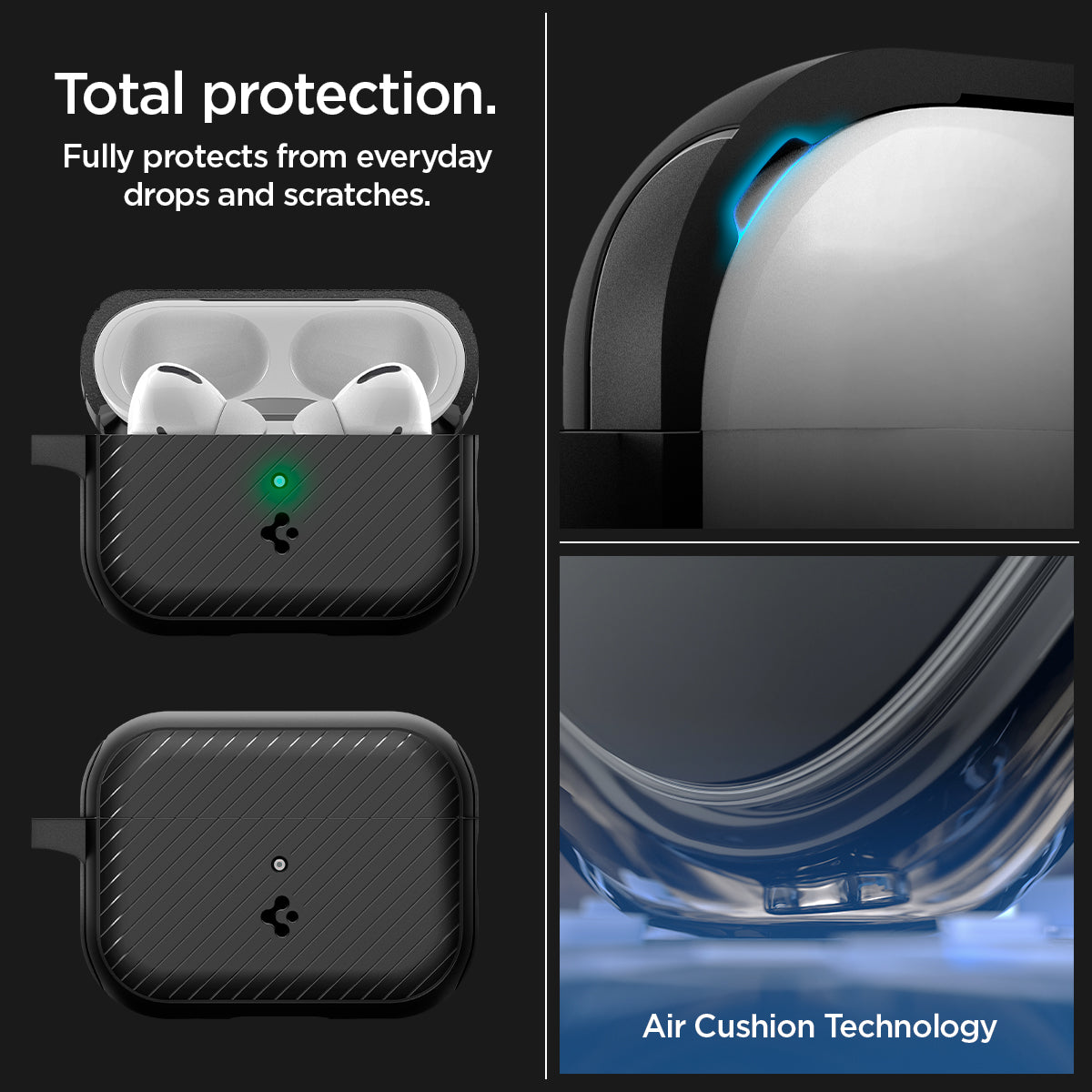 ACS05484 - Apple AirPods Pro 2 Case Mag Armor (MagFit) in matte black showing the total protection. Fully protects form everyday drops and scratches with air cushion technology