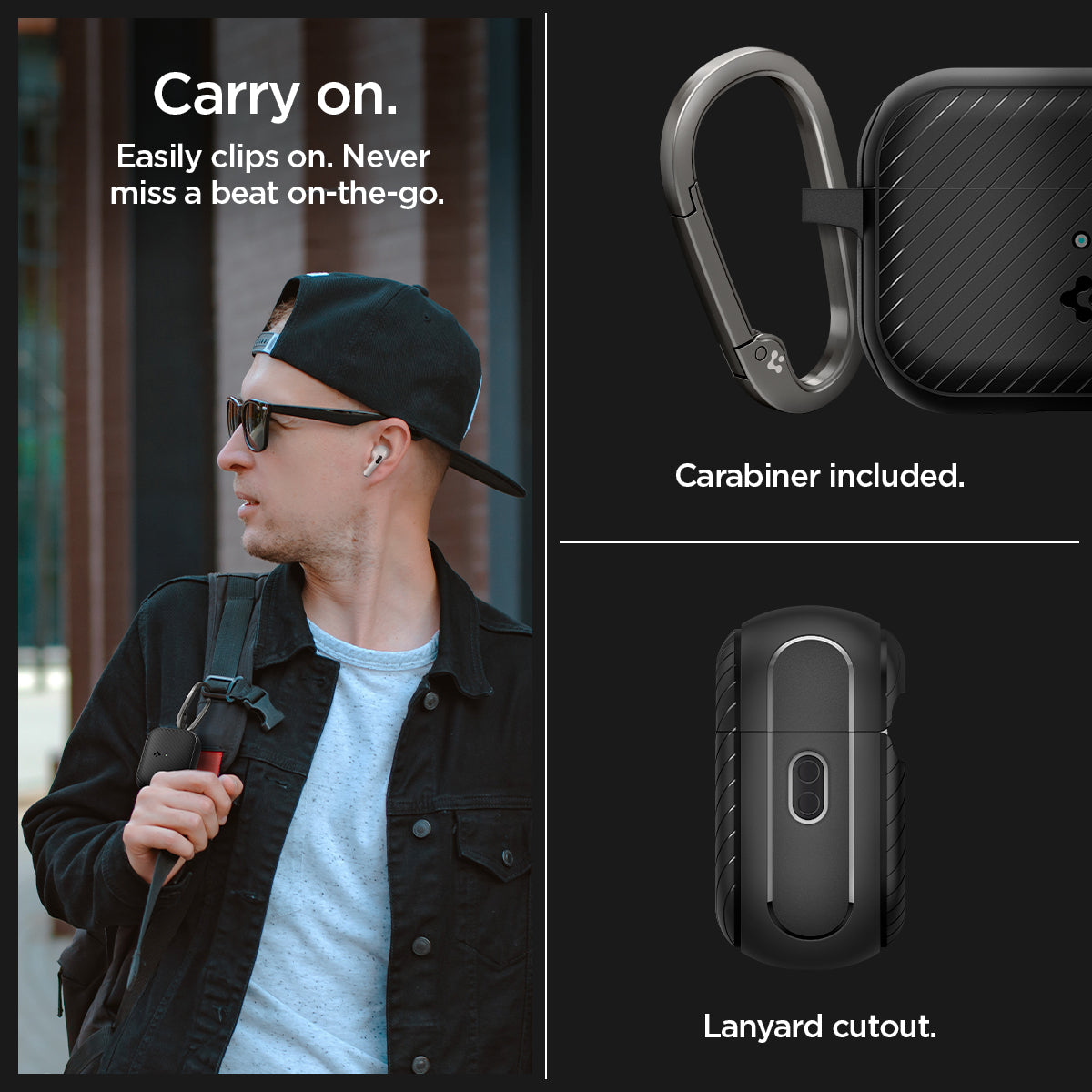 ACS05484 - Apple AirPods Pro 2 Case Mag Armor (MagFit) in matte black showing the easy clip on. Never miss a beat on-the-go. Carabiner included and lanyard cutout