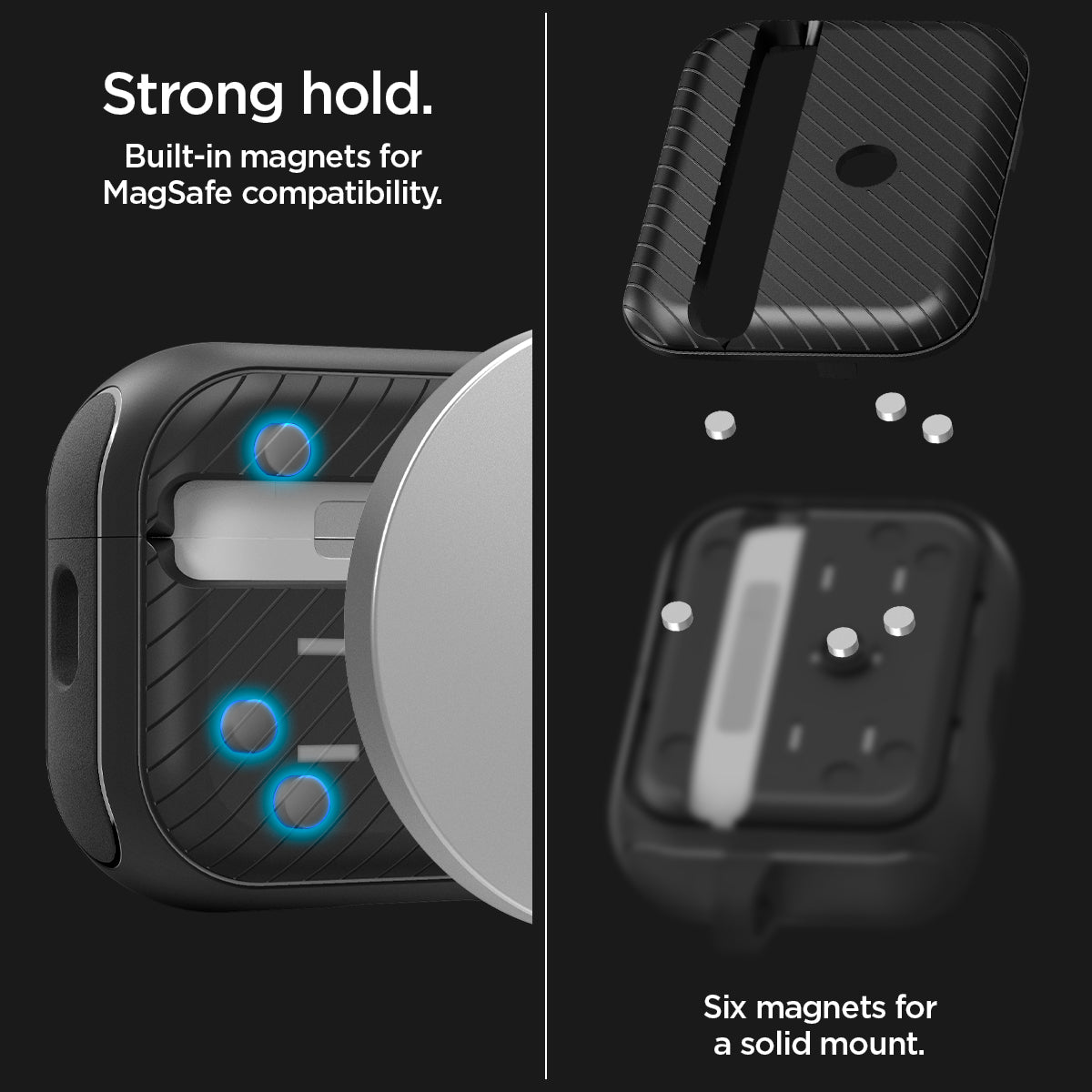 ACS05484 - Apple AirPods Pro 2 Case Mag Armor (MagFit) in matte black showing the strong hold. Built-in magnets for MagSafe compatibility with six magnets for a solid mount