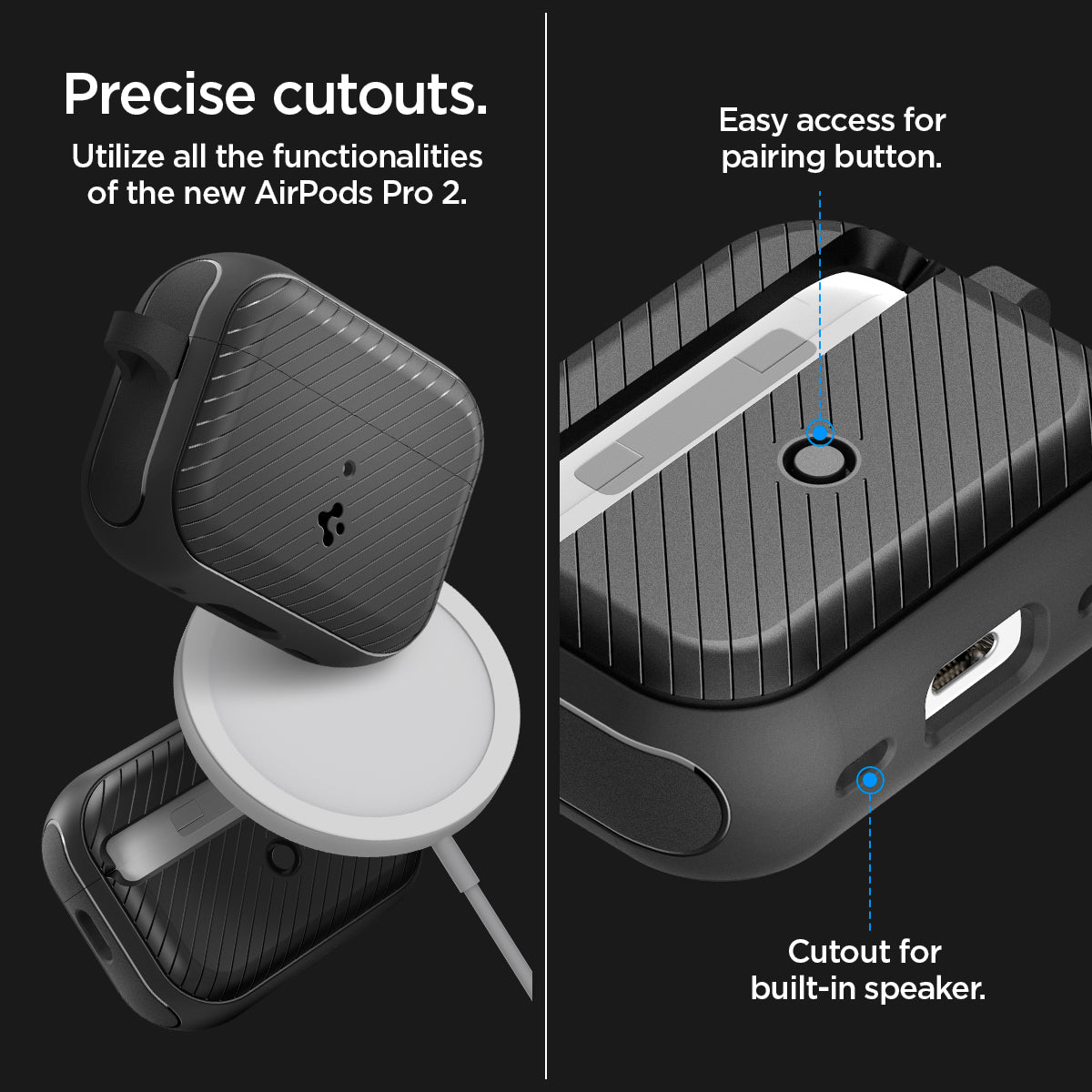 ACS05484 - Apple AirPods Pro 2 Case Mag Armor (MagFit) in matte black showing the precise cutouts. Utilize all the functionalities of the new AirPods Pro 2. Easy access for pairing button, cutout for built-in speaker